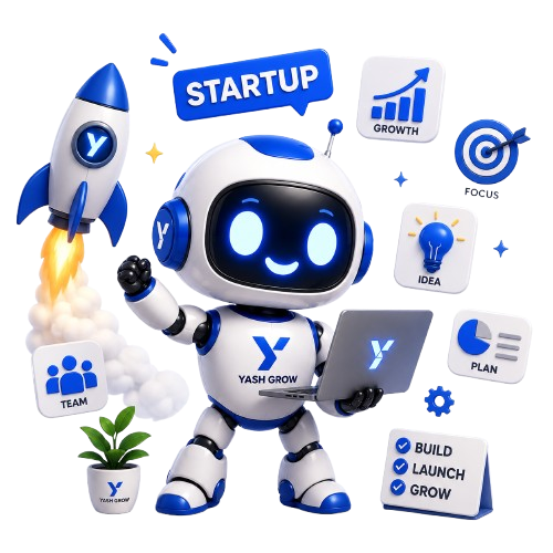 YashGrow startup mascot with rocket, growth, focus, idea and plan icons